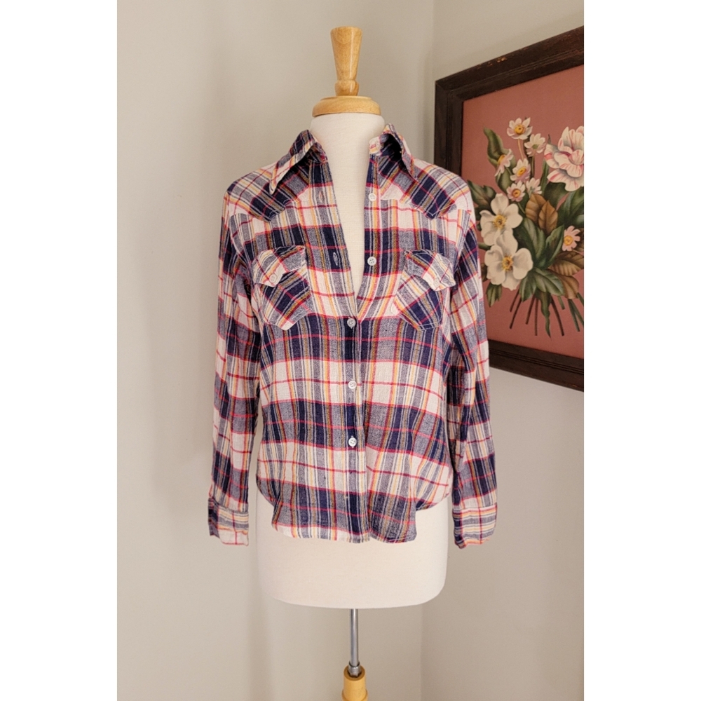 70s Plaid Cotton Gauze Long Sleeve 1970s Vintage Button Down India Cotton Blouse - Picture 5 of 15